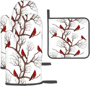 Winter Cardinal Birds Oven Mitts and Pot Holders Sets of 3 Kitchen Hot Pads Oven Gloves Heat Resistant Non Slip Washable for Cooking Grilling Baking C