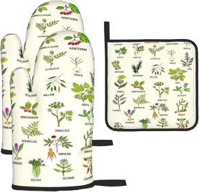 Cute Herbs Botanic Garden Plants Oven Mitts and Pot Holders Sets Heat Resistant for Kitchen BBQ Microwave Baking Grilling Cooks Set of 3 Kitchen Oven