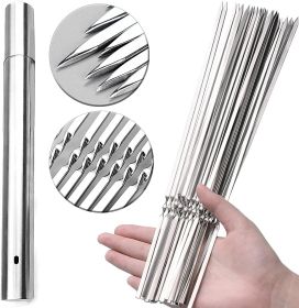 30 Pack Kebab Skewers, 15" Long Flat Stainless Steel BBQ Shish Kabob Skewers with Portable Metal Storage Tube, Reusable Meat Sticks Set for Grill