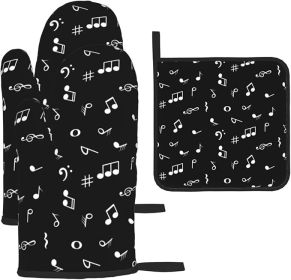 Music Notes Oven Mitts and Pot Holders Sets of 3 Black Hot Pads Musicial Oven Gloves Heat Resistant Non Slip Washable for Kitchen Cooking Grilling Bak