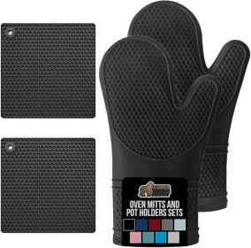 Free Soft Silicone Oven Mitts and Pot Holders Sets of 4, Heat Resistant Waterproof Cooking Gloves, Thick Cotton Lining