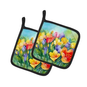 Freesias in Watercolor Pair of Pot Holders Kitchen Heat Resistant Pot Holders Sets Oven Hot Pads for Cooking Baking BBQ, 7 1/2 x 7 1/2