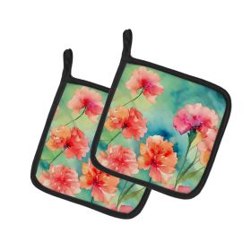 Carnations in Watercolor Pair of Pot Holders Kitchen Heat Resistant Pot Holders Sets Oven Hot Pads for Cooking Baking BBQ, 7 1/2 x 7 1/2