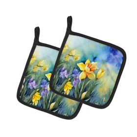 Daffodils in Watercolor Pair of Pot Holders Kitchen Heat Resistant Pot Holders Sets Oven Hot Pads for Cooking Baking BBQ, 7 1/2 x 7 1/2