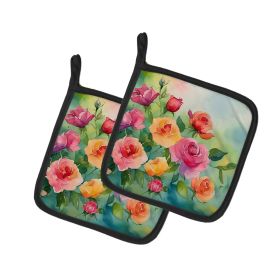 Roses in Watercolor Pair of Pot Holders Kitchen Heat Resistant Pot Holders Sets Oven Hot Pads for Cooking Baking BBQ, 7 1/2 x 7 1/2