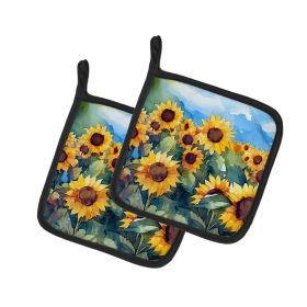 Sunflowers in Watercolor Pair of Pot Holders Kitchen Heat Resistant Pot Holders Sets Oven Hot Pads for Cooking Baking BBQ, 7 1/2 x 7 1/2