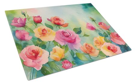 Roses in Watercolor Glass Cutting Board Decorative Tempered Glass Kitchen Cutting and Serving Board Large Size Chopping Board