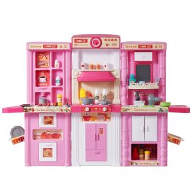 Kids Kitchen Playset, 3-in-1 Toddler Kitchen with Simulated Spray, Sounds and Lights, Play Kitchen Set with 74 PCS Cooking Accessory Set for Toddlers