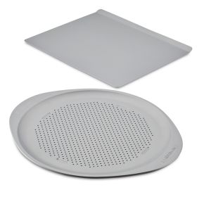 GOLDEN BAKE 2 Pcs Nonstick Baking Sheet and Pizza Pan Set, Dishwasher Safe and Oven Safe to 450°F, Gray