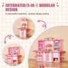 Kids Kitchen Playset, 3-in-1 Toddler Kitchen with Simulated Spray, Sounds and Lights, Play Kitchen Set with 74 PCS Cooking Accessory Set for Toddlers