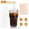2 pcs vertical striped glass water cup coffee cup, high appearance value, with lid, straw and brush, suitable for drinking water, coffee and milk